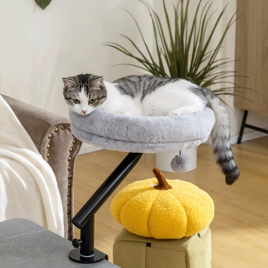 Cat desk bed, cat bed at the desk with 360° rotation, height adjustable, cat bed with removable, machine washable cushion, for cats up to 6 kg, for home office, gray