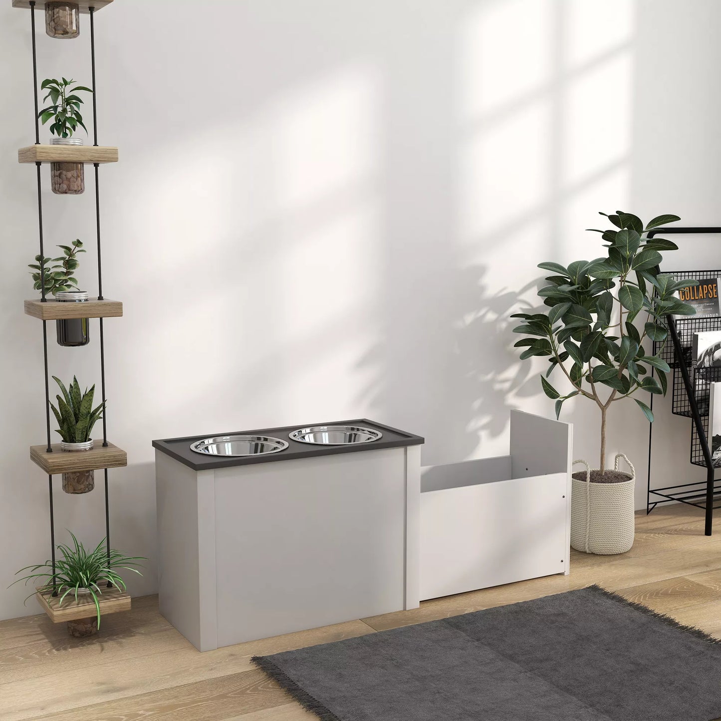 Maitinimo stotelė su paaukštintais maisto indais, 1 laikymo vieta, 2 nerūdijančio plieno dubenėliai, 60 x 30 x 42cm, balta + pilka
