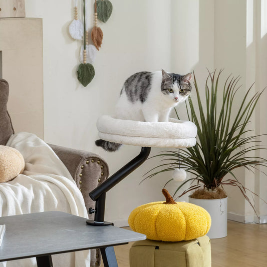 Cat bed at the desk, cat bed for the desk with 360° rotation, adjustable height, cat bed with removable, machine-washable cushion, for cats up to 6 kg, for home office, cream white