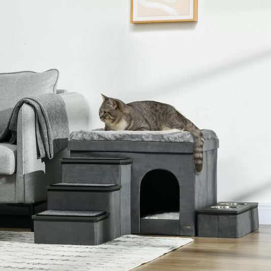 Cat house, booth, bed, 3 steps for pets, 2 food/water bowls, 70 x 50 x 51 cm, Gray