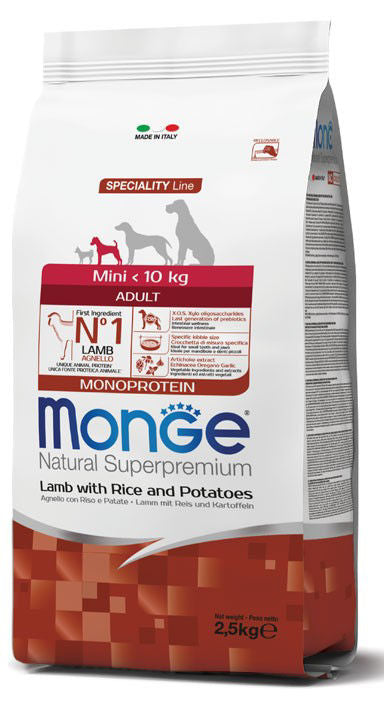 Monge spec. line monoprotein mini adult sausas pašaras mažų veislių suaugusiems šunims su ėriena, ryžiais, bulvėmis 2,5kg