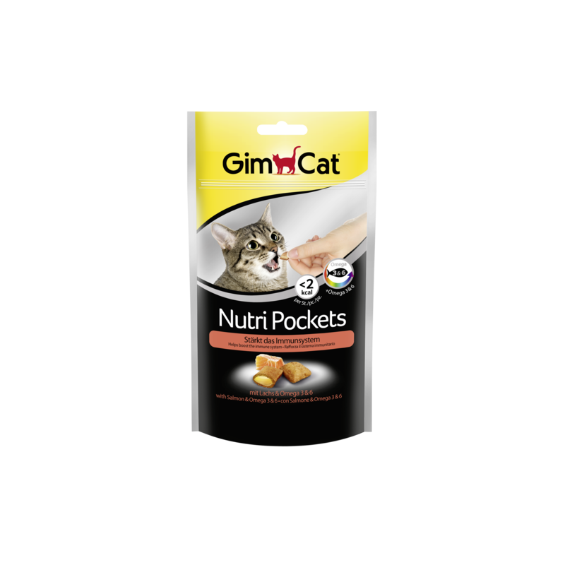 GimCat Nutri Pockets with Salmon & Omega 3&6 skanėstai katėms su Lašiša, Omega 3 ir 6 riebalų rūgštimis 60g