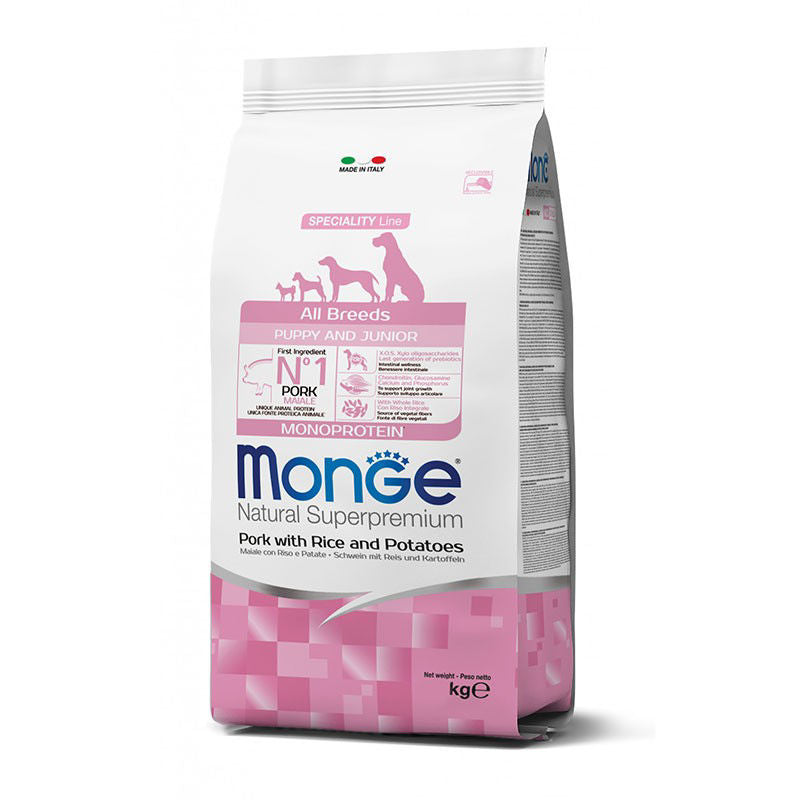 Monge spec. line monoprotein puppy sausas pašaras visų veislių jauniems šuniukams su kiauliena, ryžiais ir bulvėmis