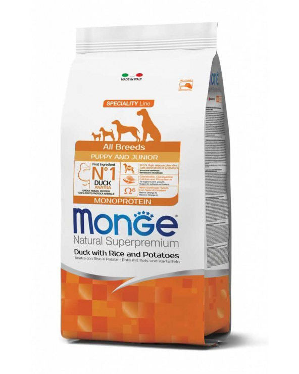 Monge spec. line monoprotein puppy sausas pašaras visų veislių jauniems šuniukams su antiena, ryžiais ir bulvėmis 12kg