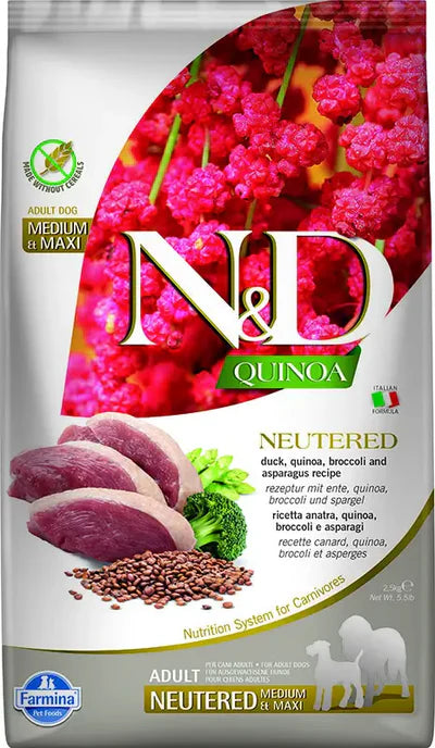 FARMINA N&D QUINOA - DOG Dry NEUTERED Duck Broccoli&Asparagus ADULT MED&MAX 2,5 kg