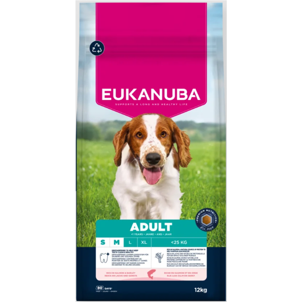 Eukanuba S/M visavertis pašaras suaugusiems šunims su lašiša ir miežiais, 12 kg