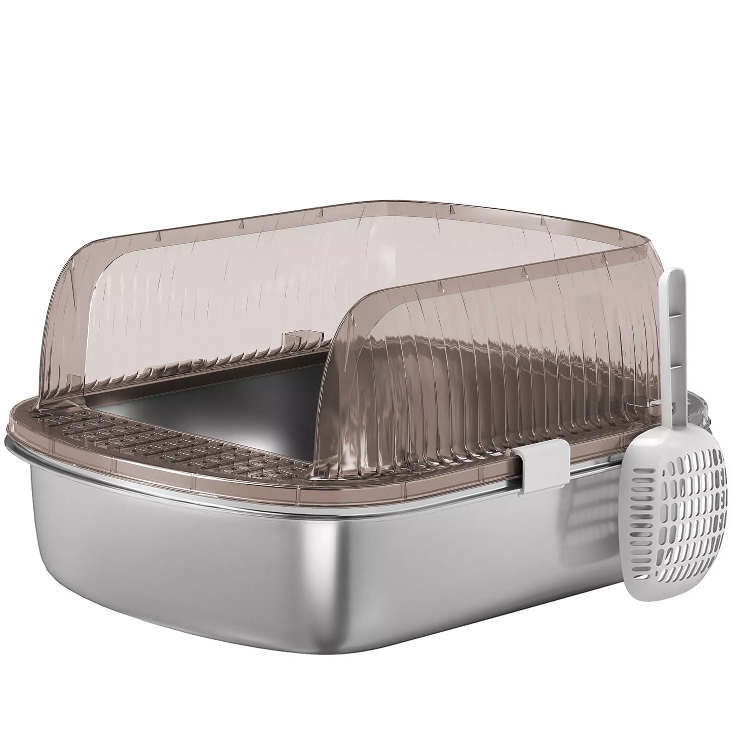 Nerūdijančio plieno tualetas didelėms katėms, vonelė su aukštu kraštu ir samteliu, plienas, 53 x 42 x 27 cm, anglies pilka