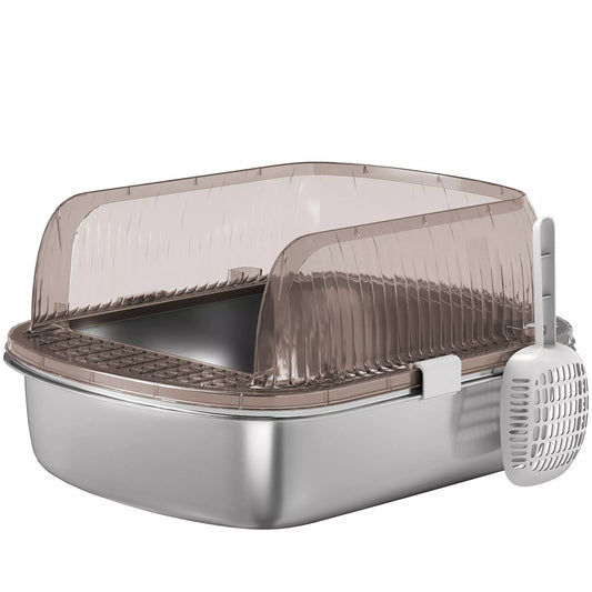 Nerūdijančio plieno tualetas didelėms katėms, vonelė su aukštu kraštu ir samteliu, plienas, 53 x 42 x 27 cm, anglies pilka