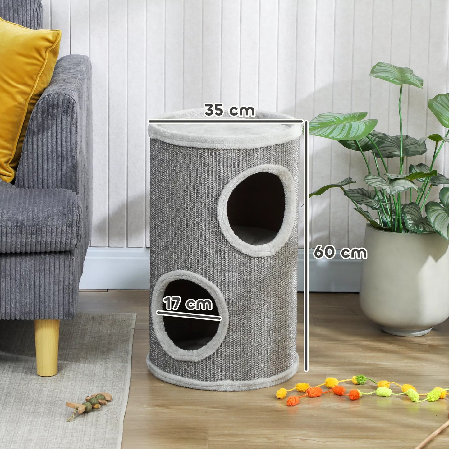 Dviaukštė draskyklė, 60 cm aukščio bokštas su 2 angomis ir pliušiniu kraštu, sizalis ir pliušas, 60x35x35 cm, šviesiai pilka