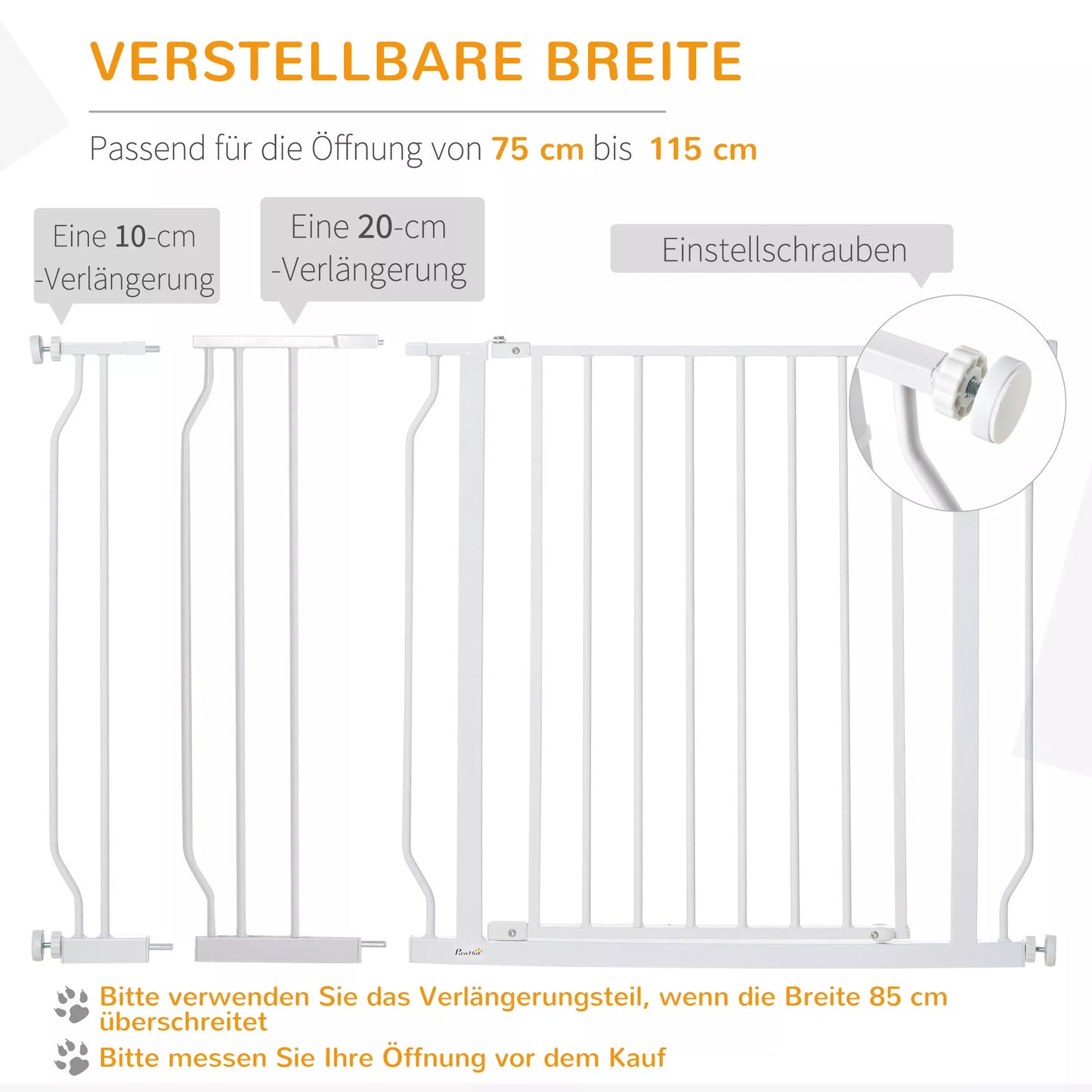 Šunų atitvaras, spaustuvinis tvirtinimas, reguliuojamas ilgis, plienas/ABS, 75–115 x 76cm, baltas