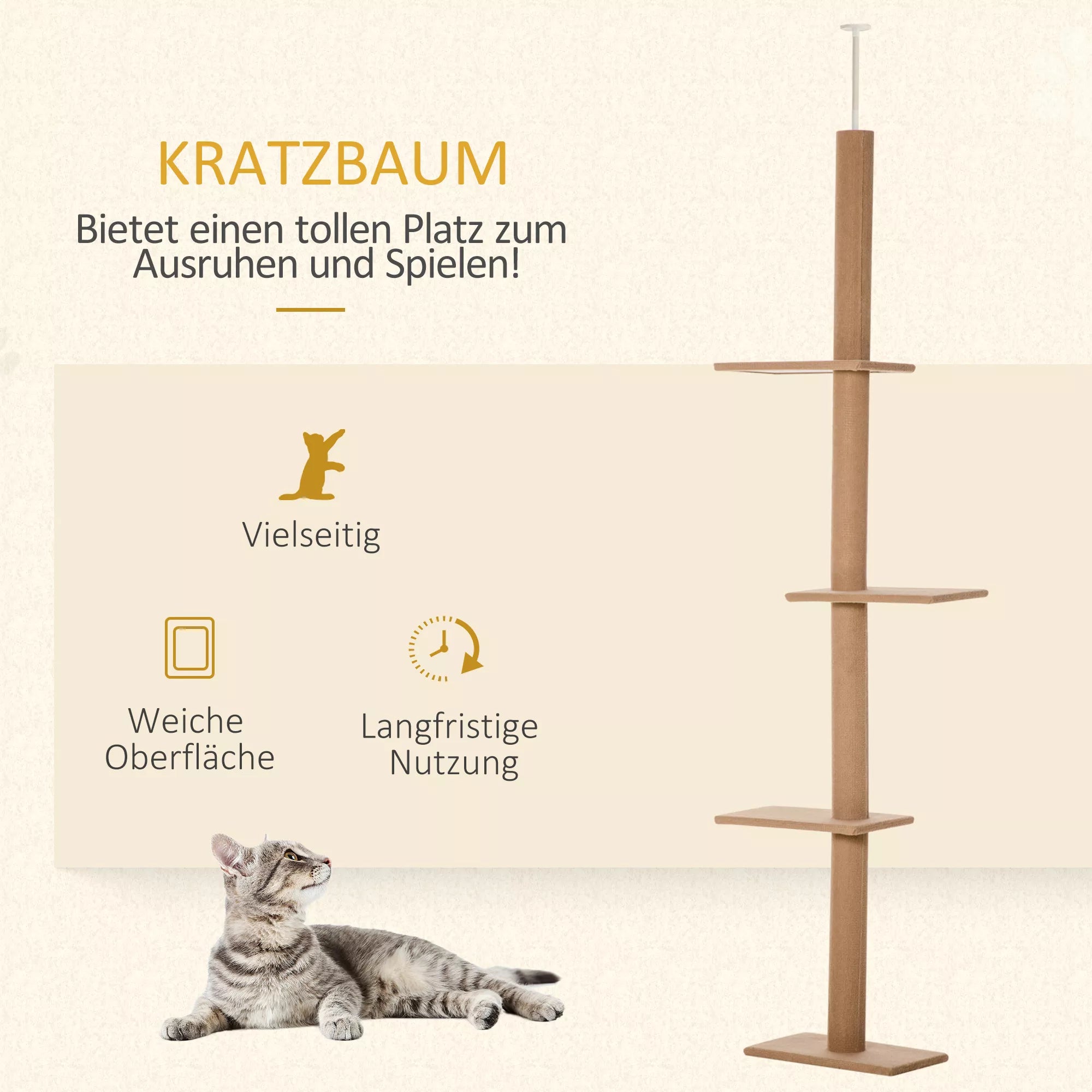 Lubinis kačių draskymo medis, 228-260 cm, aukščio reguliuojamas kačių laipynės medis su 3 lygiais, kačių draskyklė, žaidimų medis nuo grindų iki lubų, šviesiai rudas
