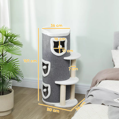 101 cm kačių bokštas, 3 lygiai, 3 miegamosios olos, žaisliniai kamuoliukai, draskyklė, sizalis, medžio drožlių plokštė, pilka