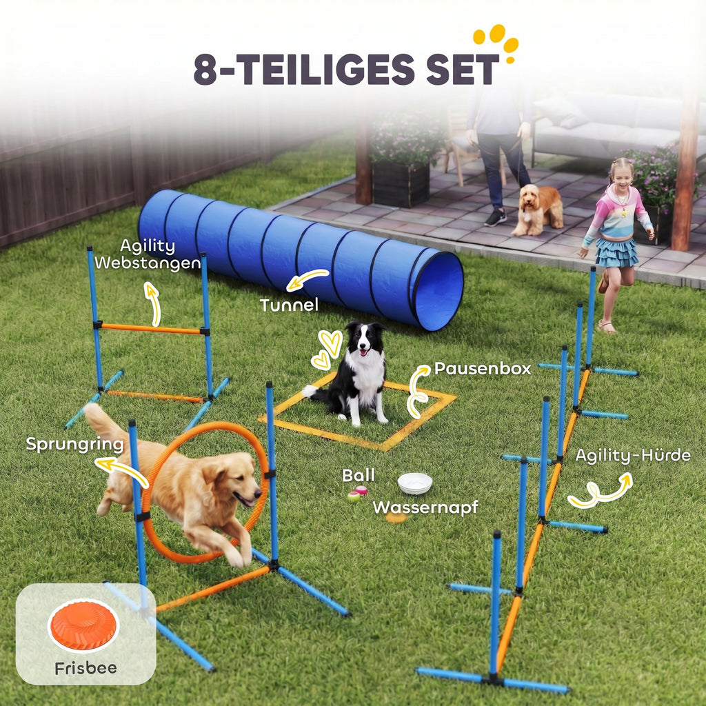 Agility rinkinys šunims, 8 dalių, su tuneliu, slalomo stulpais, reguliuojamais barjerais ir šuolių lanku, oranžinis