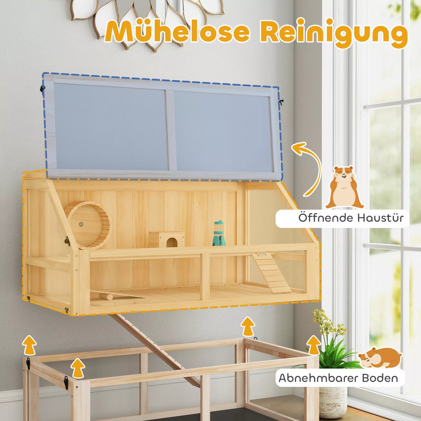 Medinis žiurkėnų narvas, 3 aukštų graužikų namelis su sūpynėmis bėgimo rateliu ir namuku, pušies mediena, 95x53x76 cm, natūrali mediena