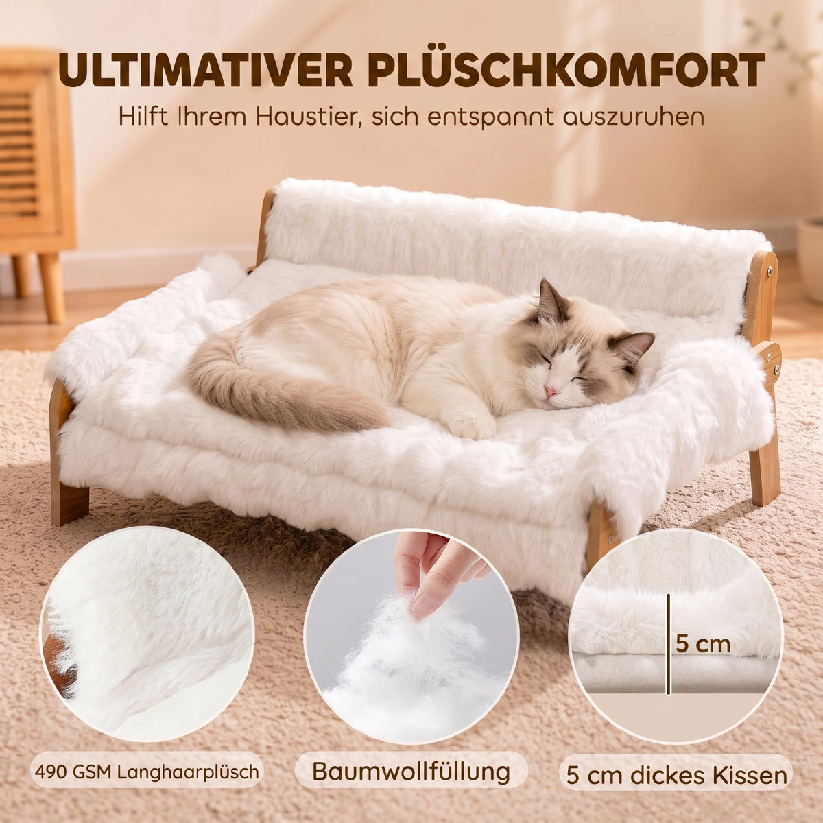 Paaukštinta sofa-guolis katėms ir mažiems šunims, 70x47x30 cm, su nuimamu užvalkalu, katėms iki 8 kg, balta