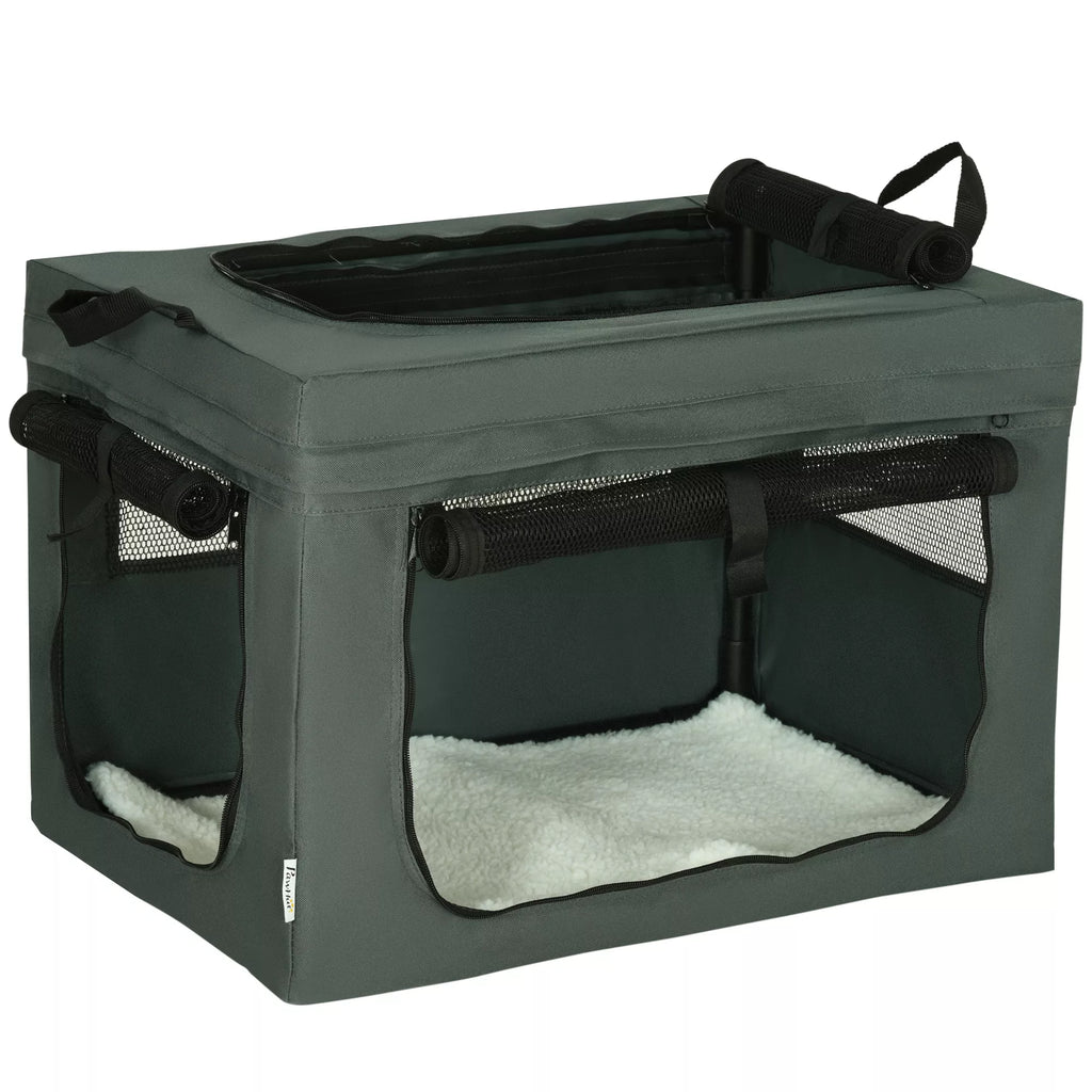 Transportavimo dėžė, sulankstoma, 3 įėjimai, vidinis pagalvėlė, skirta šunims ir katėms iki 4 kg/40 cm, pilka