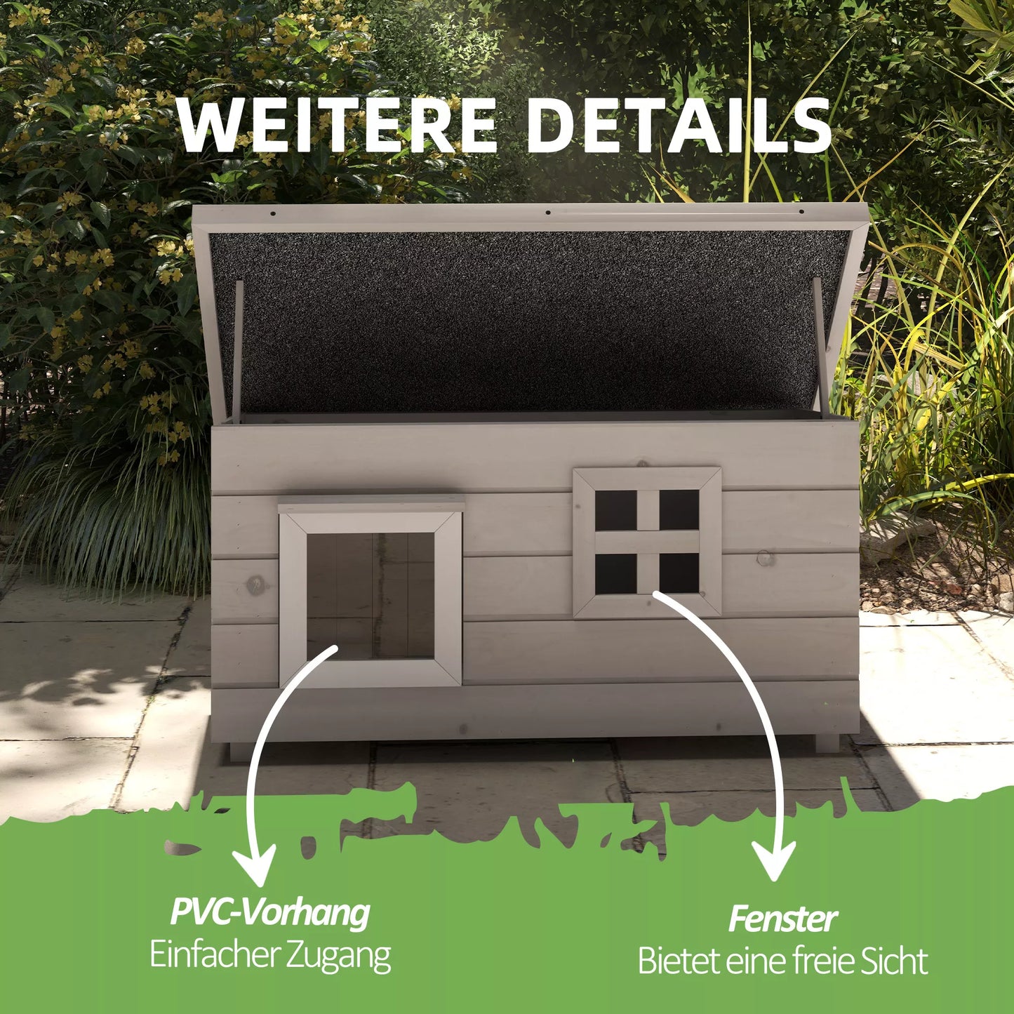 Koka kaķu mājiņa, ūdensizturīga, ar azbesta jumtu, veramu vāku, logu, ziemai izturīga, aizsargmāja, kaķu ala, āra kaķu būda dārzam, balkonam, laukam, 87 x 52 x 44 cm, pelēka