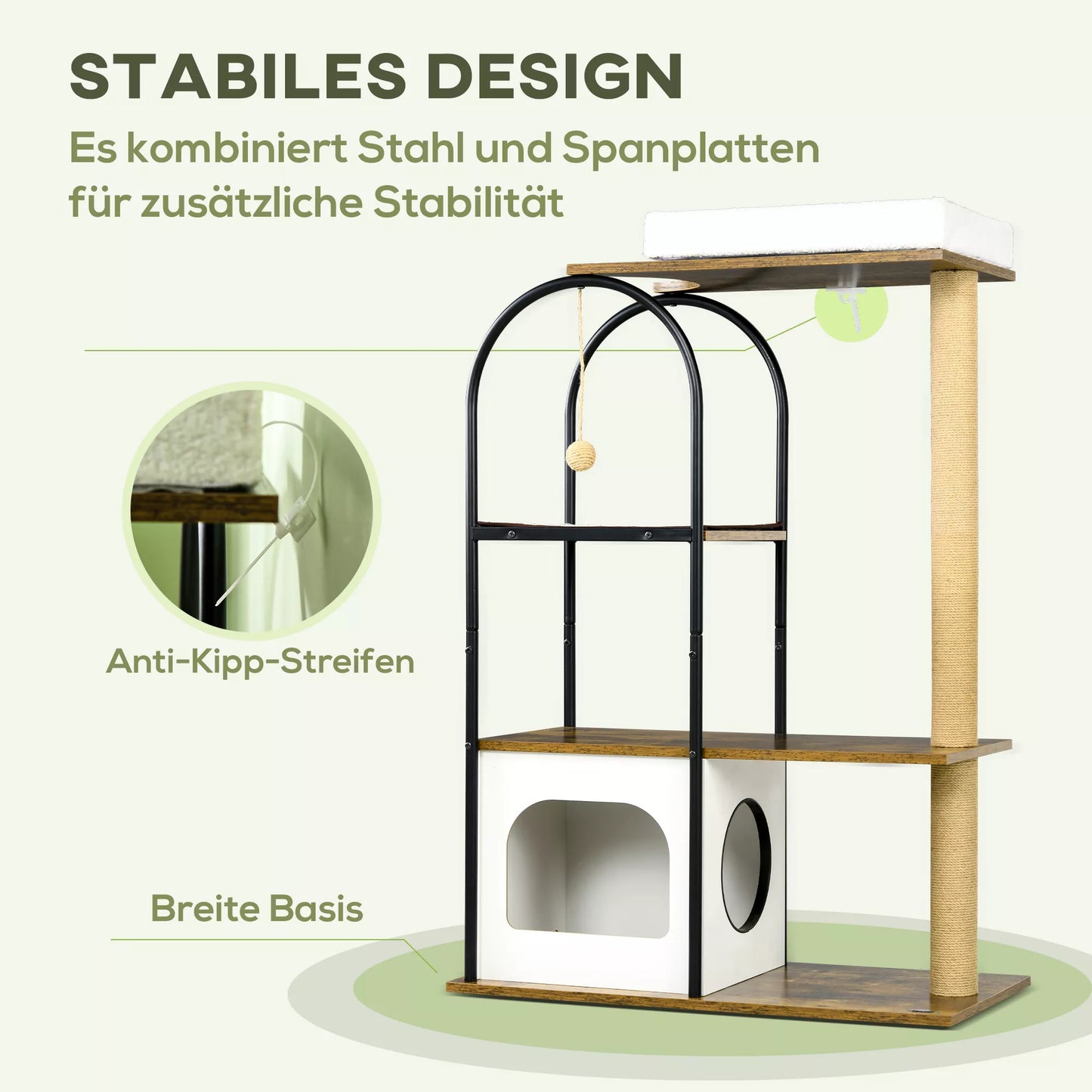 Katino medis, 4 aukštų, katės namelis, žaidimo kamuoliukas, apsauga nuo apvirtimo, 80x40x118,5 cm, Ruda/Balta