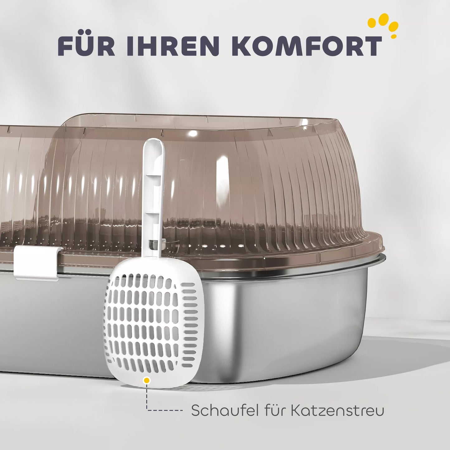 Nerūdijančio plieno tualetas didelėms katėms, vonelė su aukštu kraštu ir samteliu, plienas, 53 x 42 x 27 cm, anglies pilka