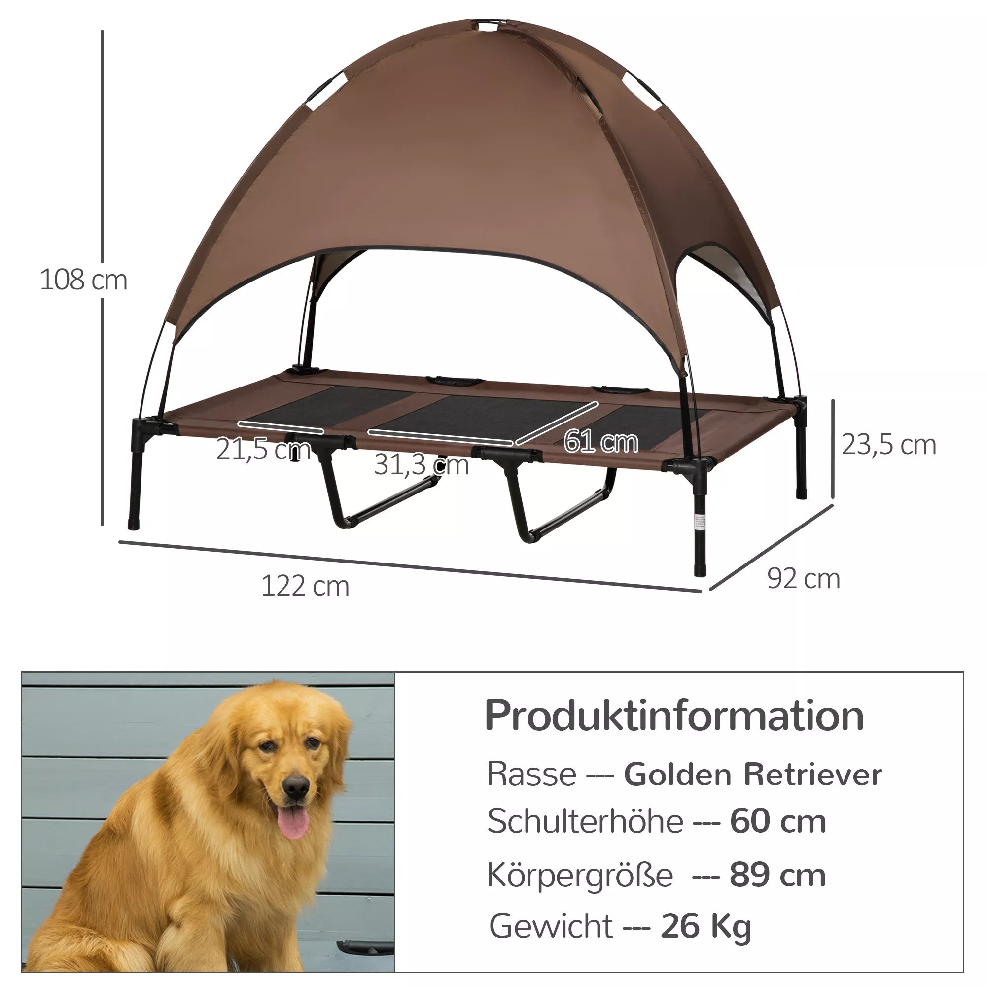 Paaugstināta suņu gulta ar jumtiņu, mājdzīvnieku gulta, āra suņu gulta ar jumtiņu, elpojoša, tafta audums, kempings, kafijas krāsa, 122 x 92 x 108 cm