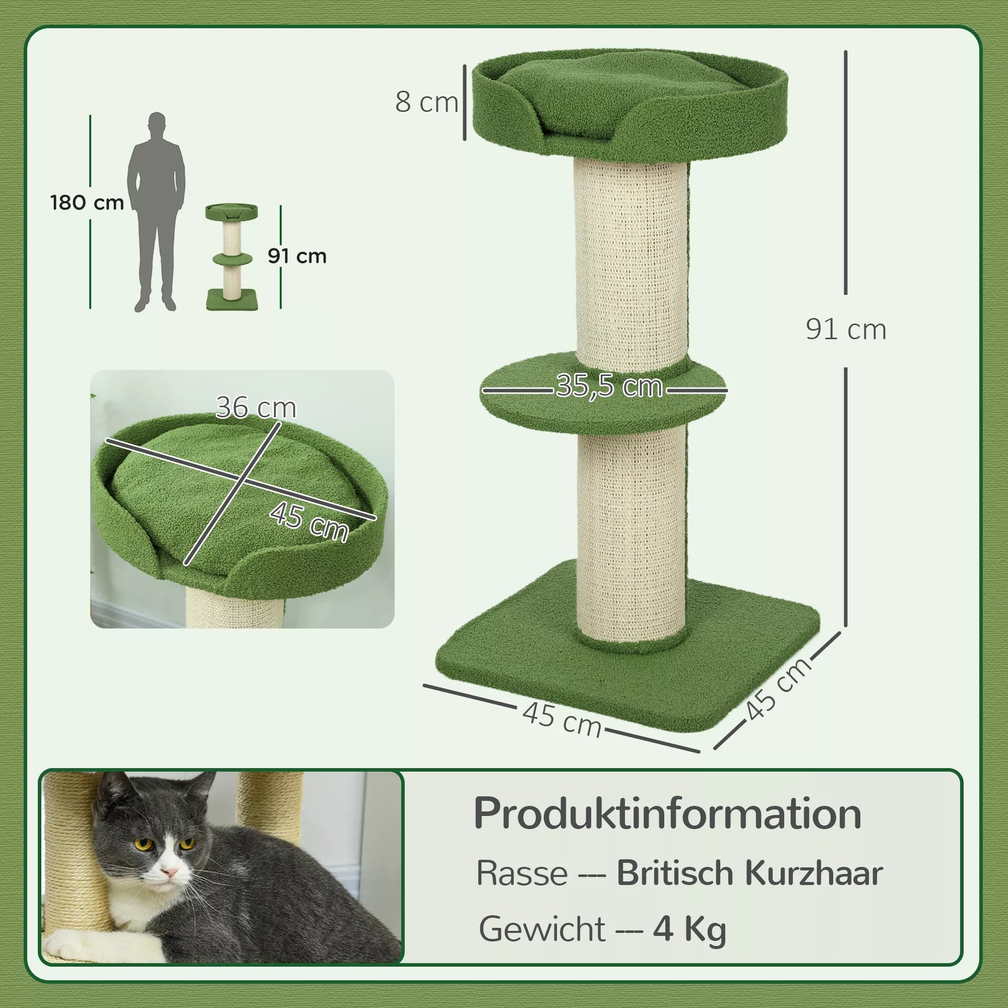 Kaķu māja 91 cm, rotaļu māja ar kaķu gultu, platforma no aitas vilnas, zaļa