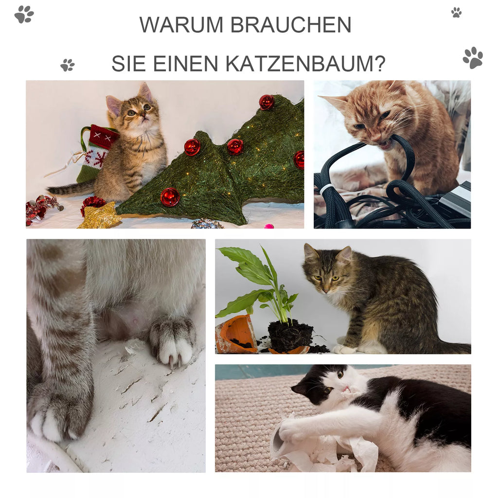 Kaķu koks 120 cm, kaķu tornis ar alu, rotaļu bumbu, sizala stabiem, platformu, pakāpieniem, daudzlīmeņu kaķu skrāpējamo stabu, kāpšanas koks kaķiem, gaiši pelēks