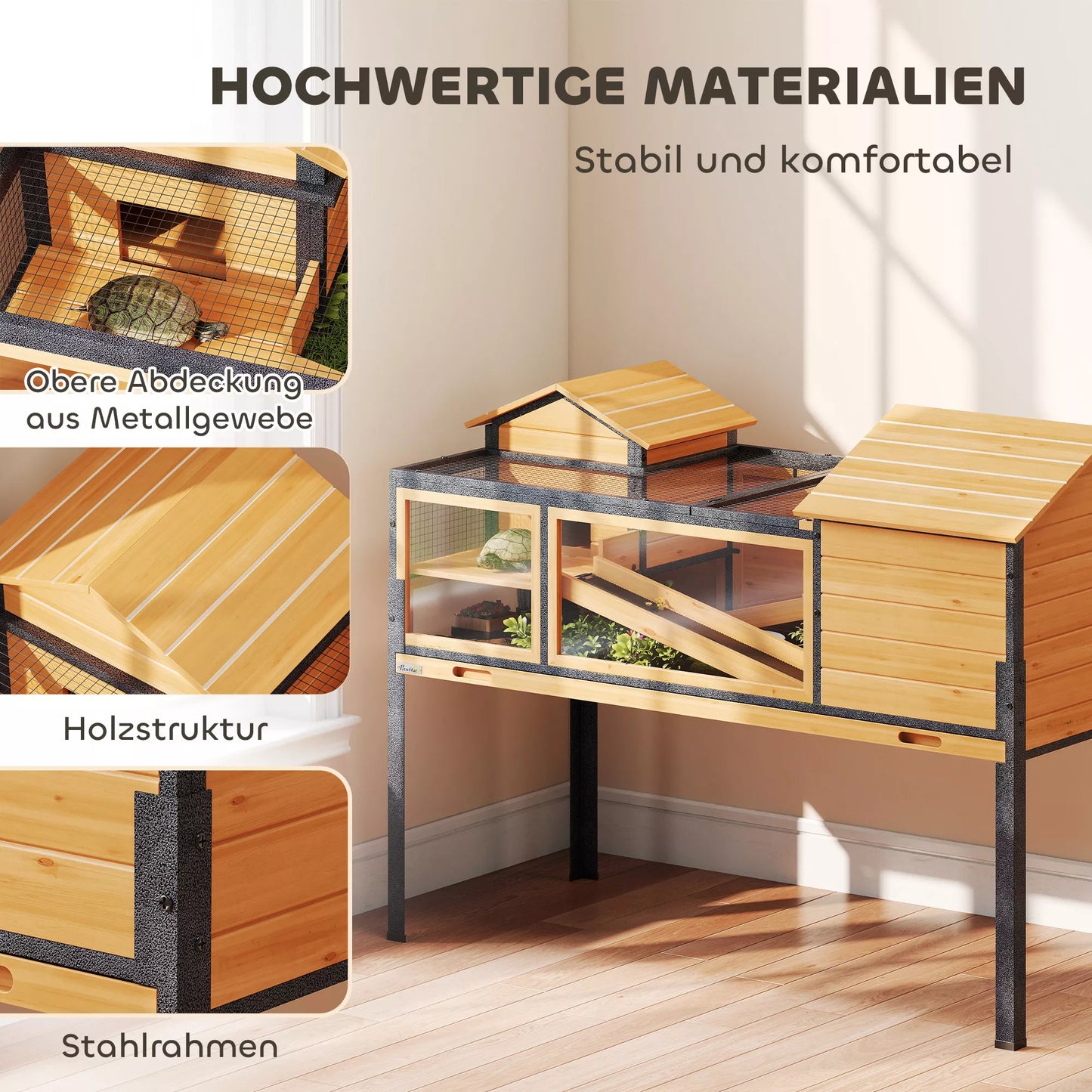 Bruņurupuču māja, mazu dzīvnieku aploks, 2 istabas, 2 stāvi, logi, rampas, aksesuāri, koks, tērauds, dzeltena