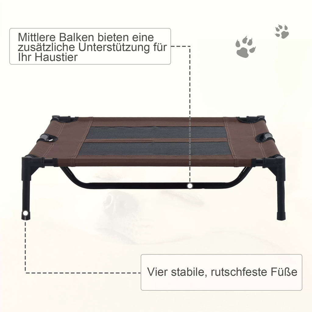 Lauko šunų gultas, Vėsinanti augintinio gulimoji vieta dideliems šunims, Paaukštinta šunų lova poilsiui su tvirtu metaliniu rėmu, Atsparus kvėpuojantis tinklelis sodui lauke, 92 x 76 x 18 cm, Kavos rudumo