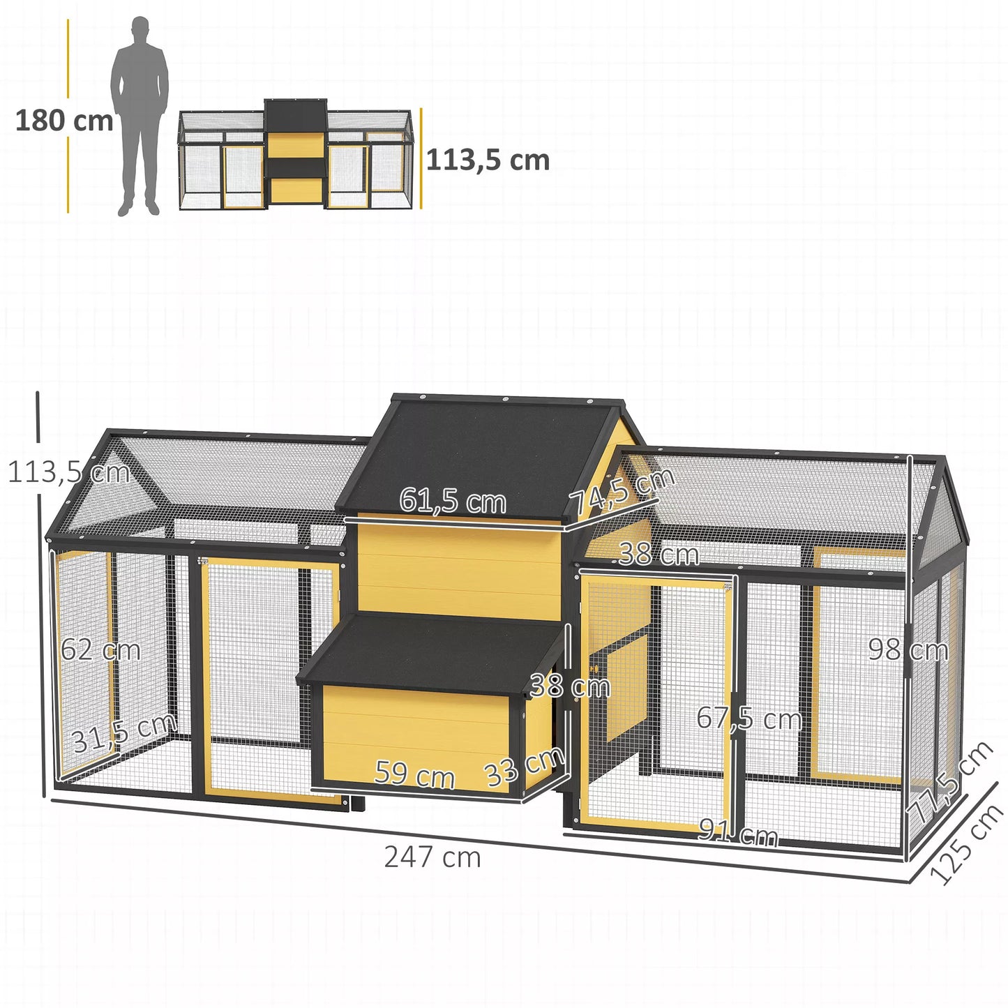 Vištidė smulkių gyvūnų aptvaras, 2 lauko aptvarai, 1 lizdavietė, 2 rampos, asfaltinis stogas, atsparus oro sąlygoms, geltonos spalvos