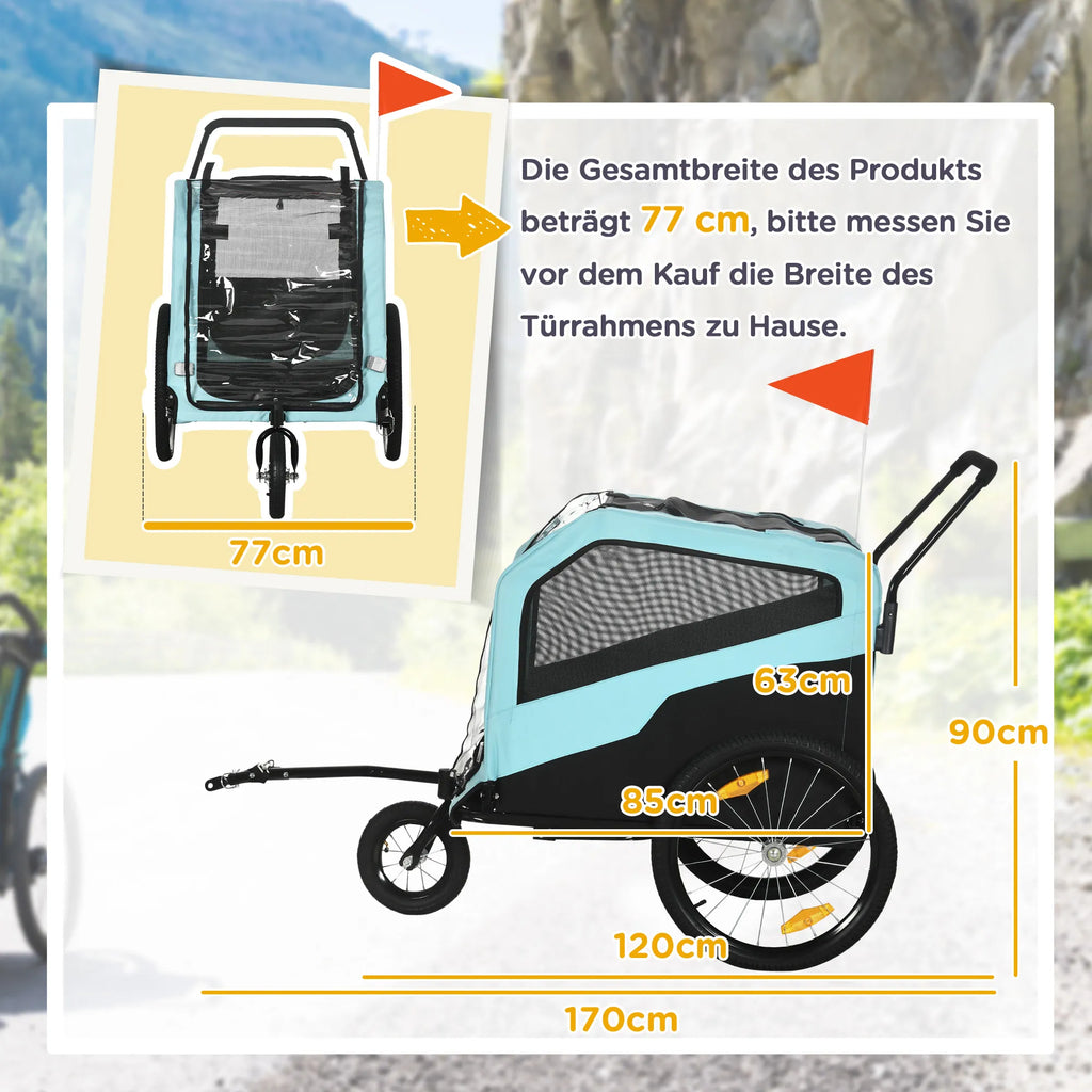 2-in-1 šunų priekaba Šunų vežimėlis Dviračių priekaba iki 30 kg Sulankstoma Stumiamoji funkcija 2 įėjimai Tinklinis langas Apsauga nuo saulės Plieninis rėmas Šviesiai mėlyna 170 x 77 x 90 cm
