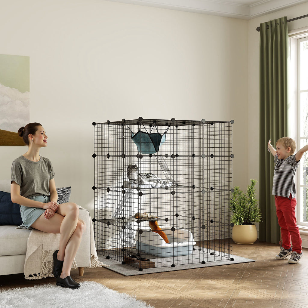 Narvas katėms 140 cm, 4 aukštų, iš 63 plokščių, su 5 durelėmis, hamaku, rampomis ir platformomis, juodas