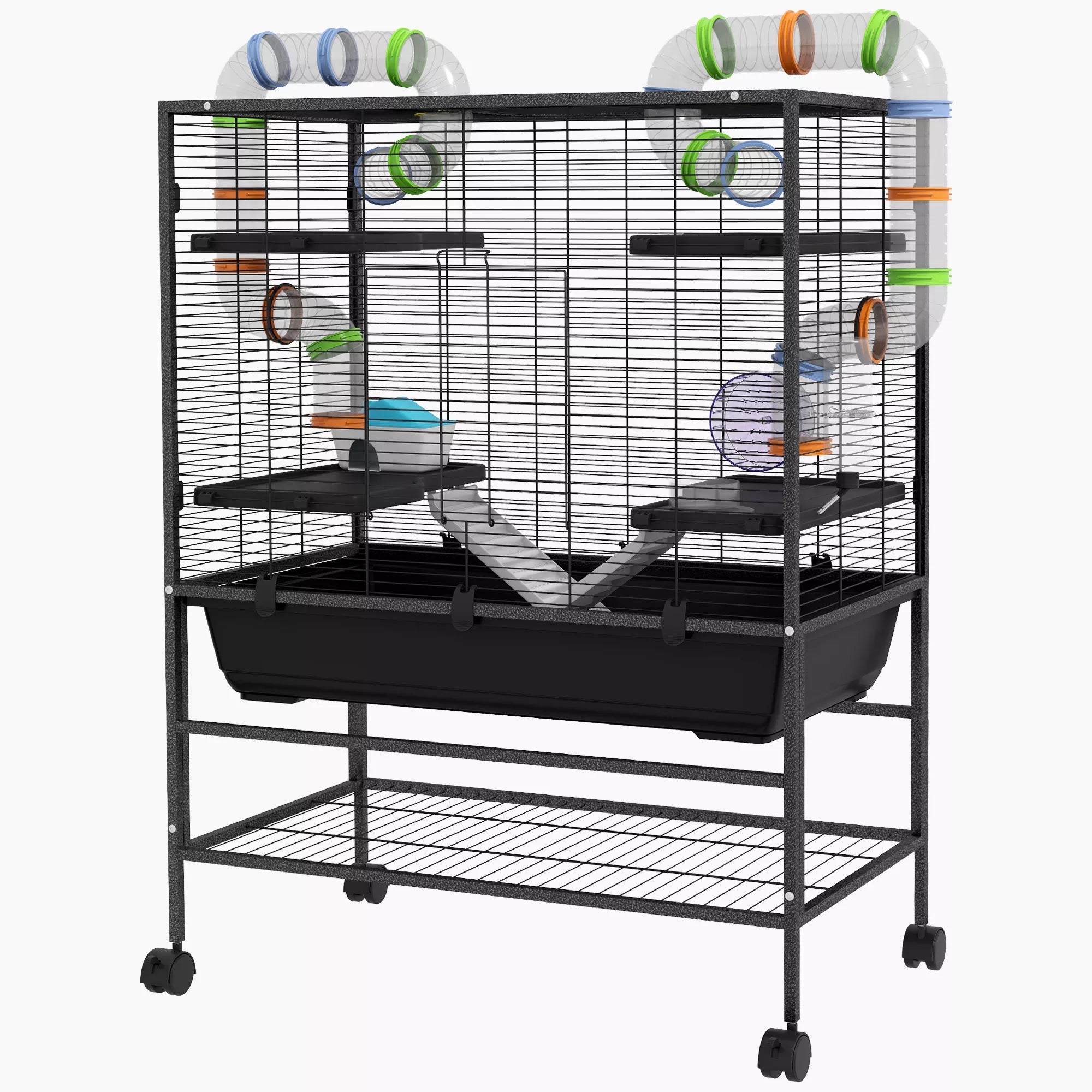 Hamsterio narvas su vamzdeliais, bėgimo ratu, nameliu, vandens dispenseriu, 109 x 82 x 46 cm, juodas