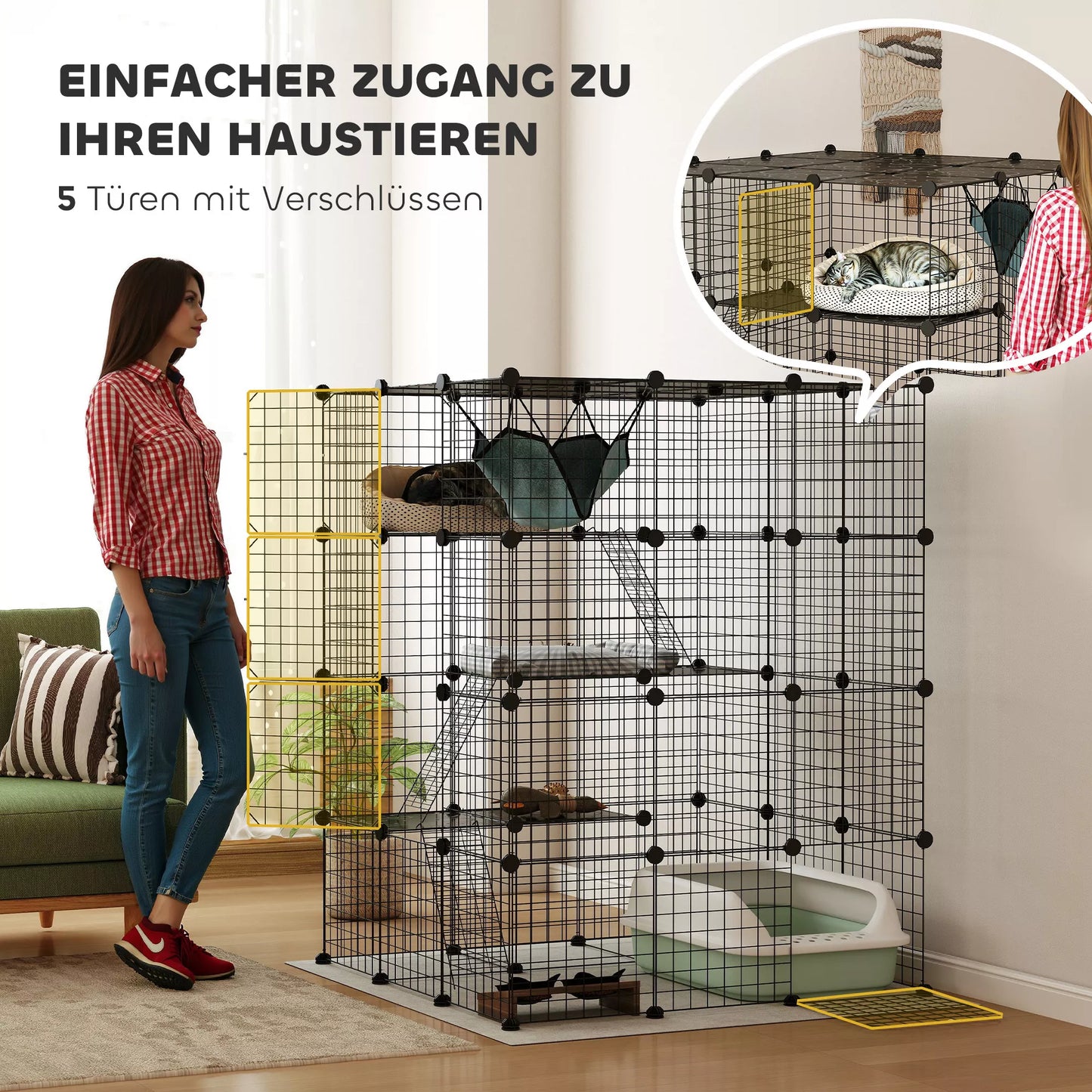 Katės narvas viduje, 4 aukštų, „PASIDARYK pats“ kačių aptvaras su tankiu metalo tinkleliu, hamaku, rampos, durimis ir šokinėjimo platformomis