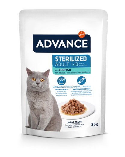 Advance Wet Sterilized Codfish Šlapias maistas sterilizuotoms katėms su menke 85G*12vnt