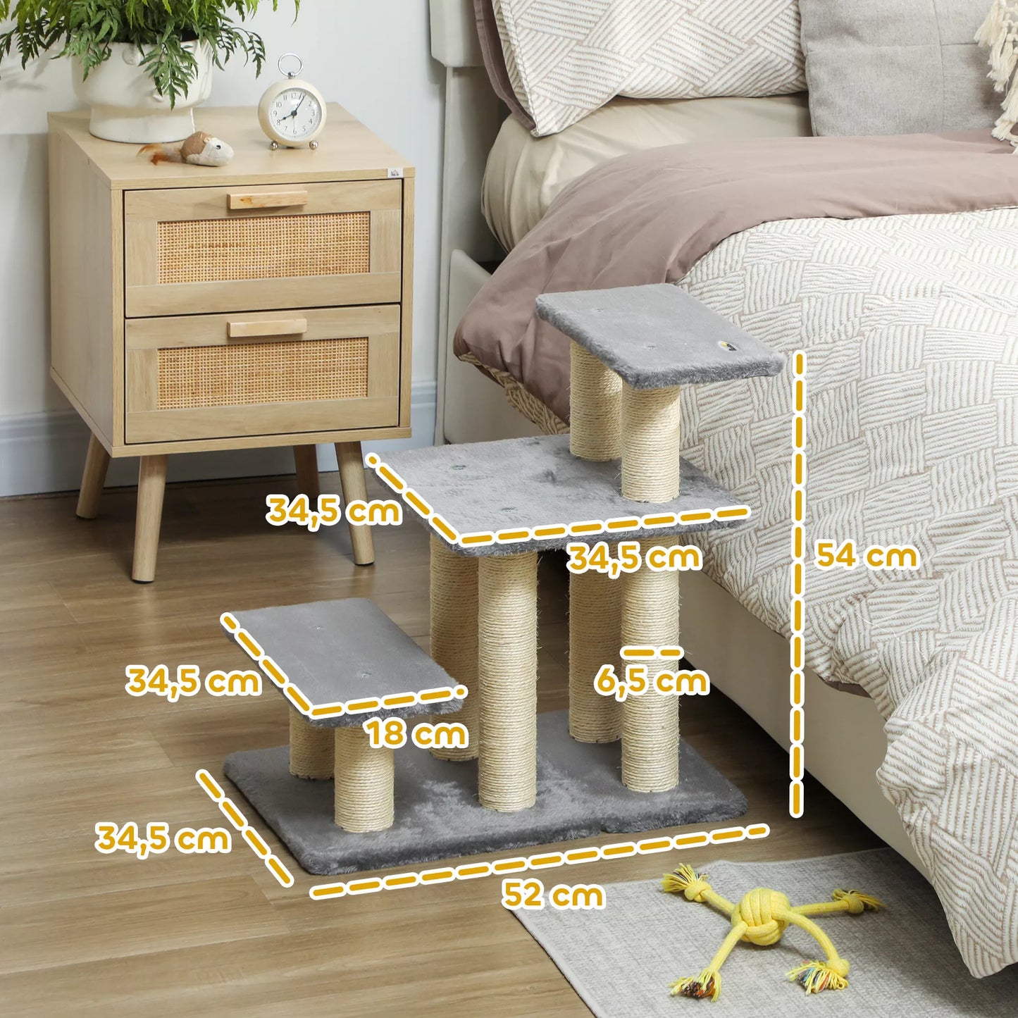 Šunų laipteliai 3 pakopų 54 cm aukščio, naminių gyvūnėlių laiptai mažiems šunims, kačių laipteliai su sizalio draskyklėmis, žaisliukas kamuoliukas