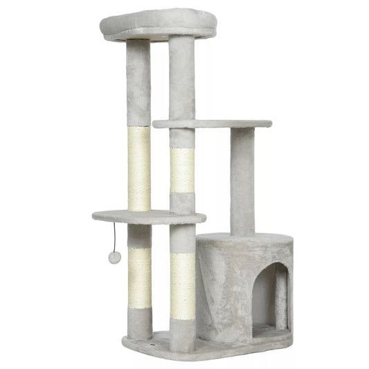Katės namelis 114 cm, katės bokštas su guoliu, sisaliniai stulpeliai, platforma, daugiaaukštis vidutinio dydžio katėms iki 6 kg, šviesiai pilkas
