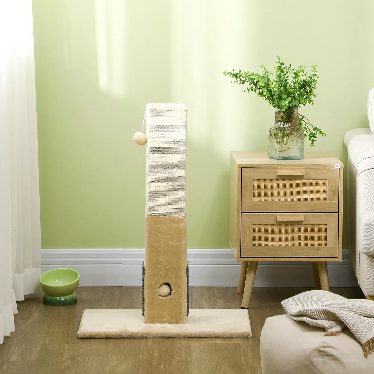 Kačių draskyklė, draskymo stulpas, 79 cm kačių medis su džiuto virve, su žaisliuku, pliušas, smėlio spalvos