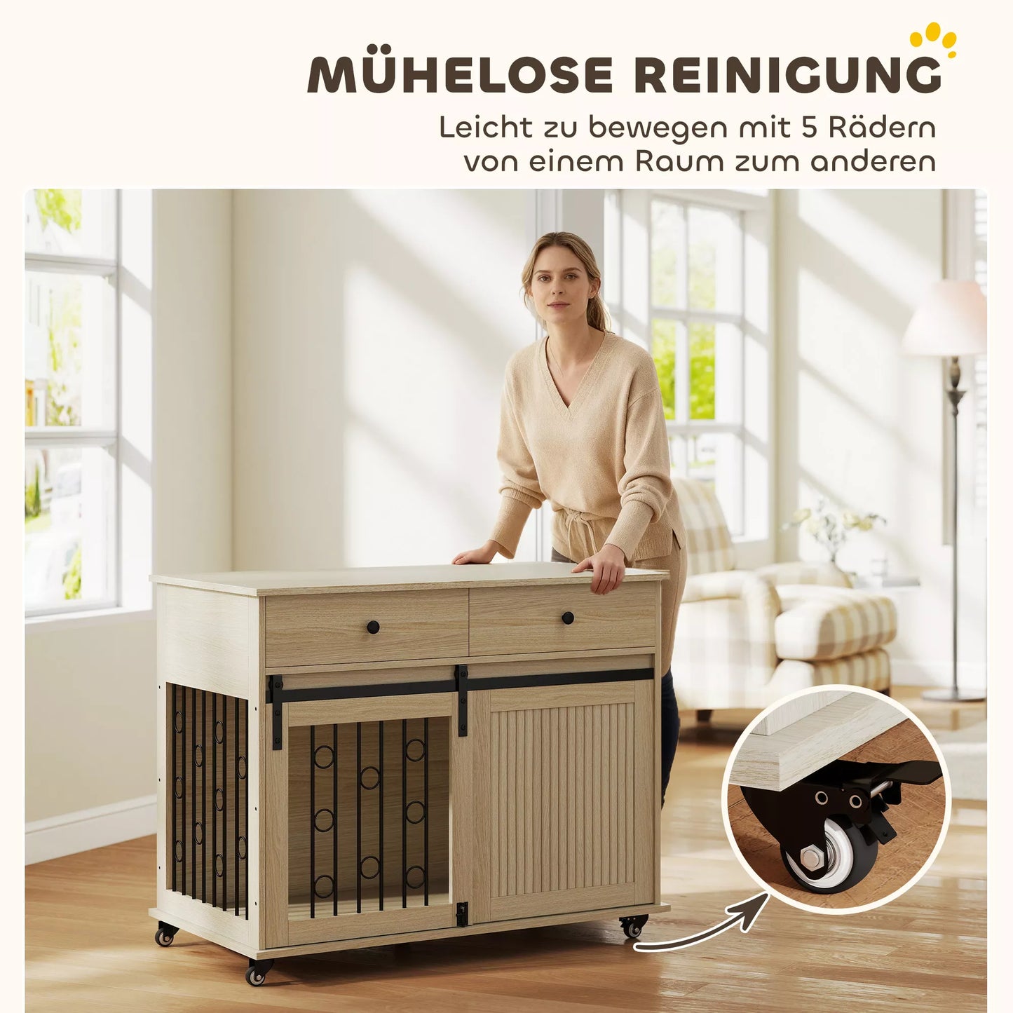 Šunų dėžė su ratukais, 2 durys, 2 stalčiai, vidutinio dydžio ir dideliems šunims, mediena, plienas