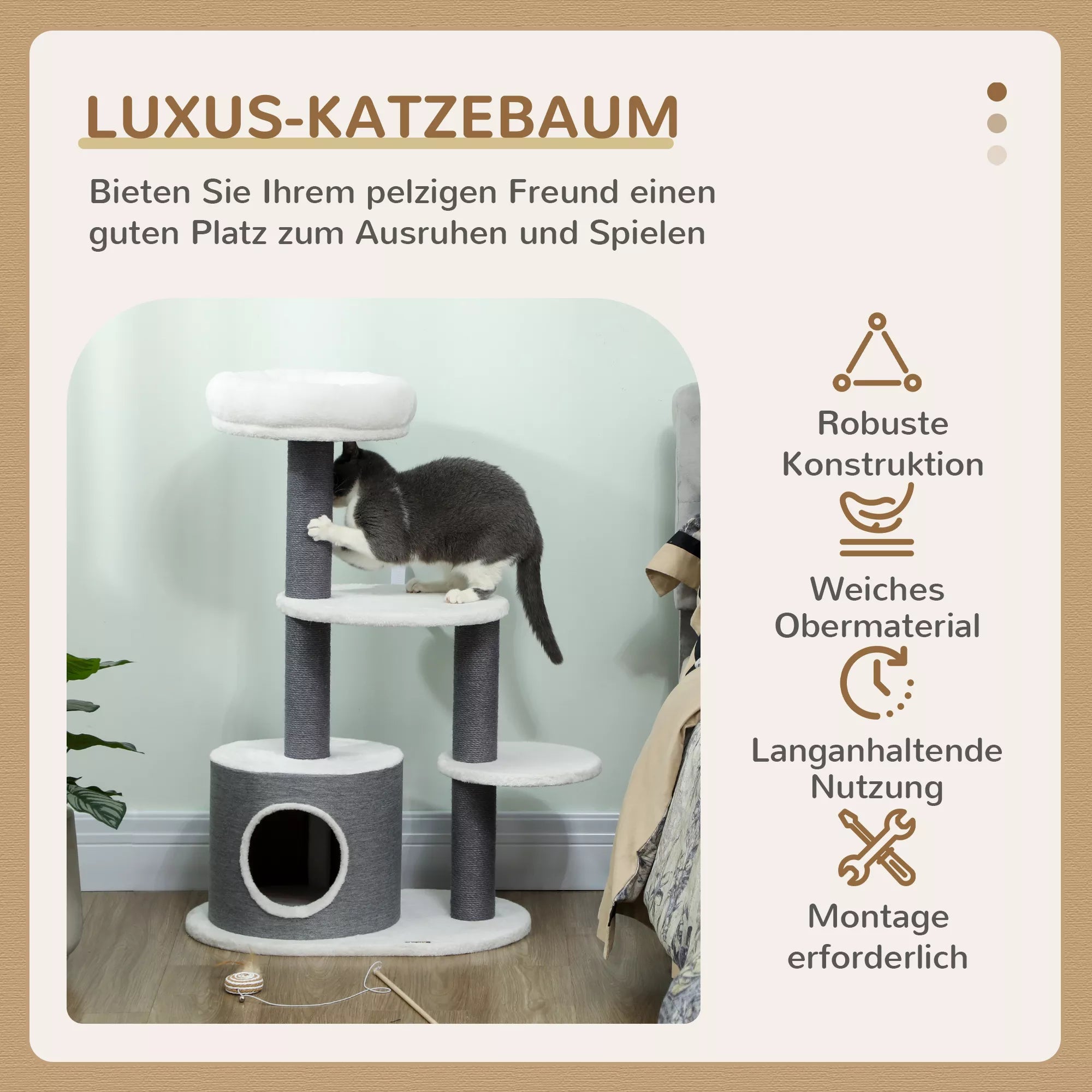 Kaķu māja ar 1 kaķu alu, 1 kaķu gultu, 2 platformām, filca virvju stabiem, balta + pelēka
