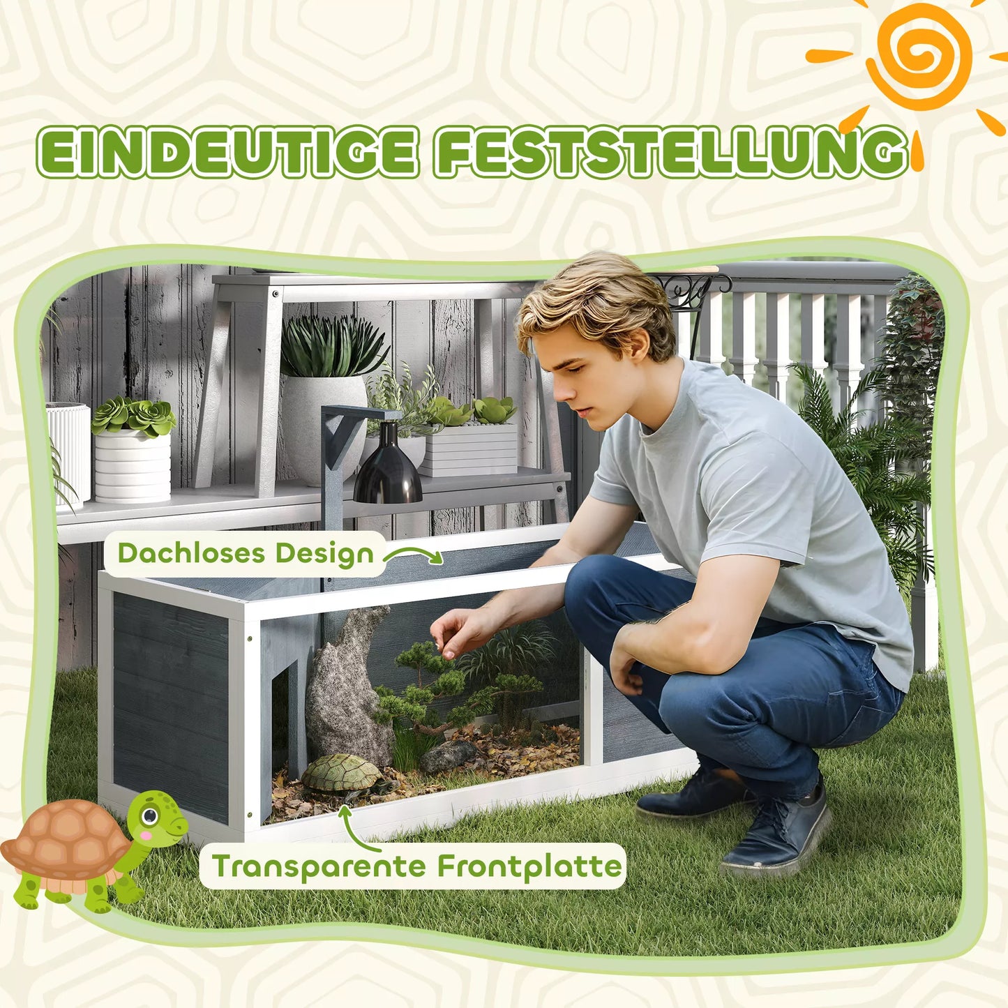 PawHut Vėžlių namelis su lengvai atidaromu viršumi, lempos laikikliu, permatoma priekine dalimi, 120 x 50 x 40 cm, Pilka