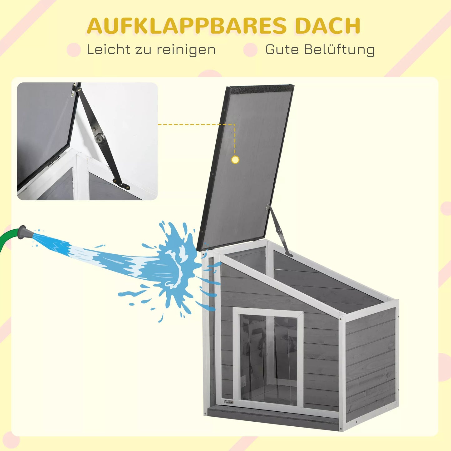 Šunų namelis iš masyvmedžio, atsparus oro sąlygoms, su asfaltiniu stogu, 71 cm x 58 cm x 77 cm, Pilka + Balta