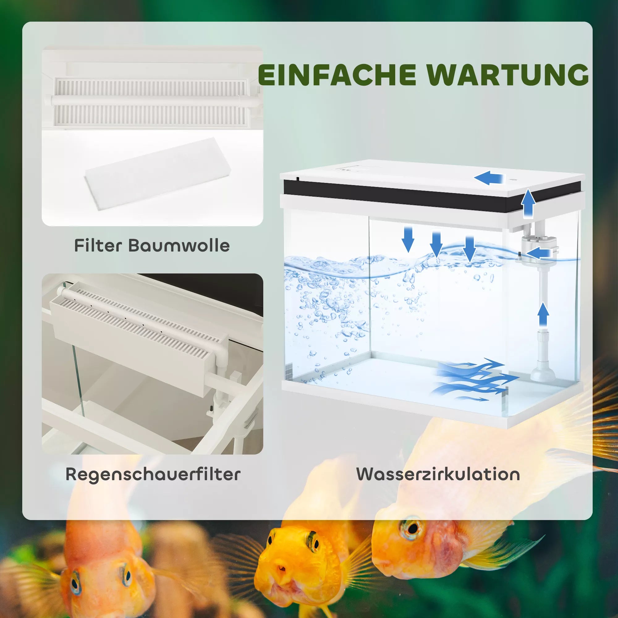 41 litru stikla akvārijs ar filtrācijas sistēmu, LED apgaismojumu, ūdens sūkni, dažādām zivju sugām, balts