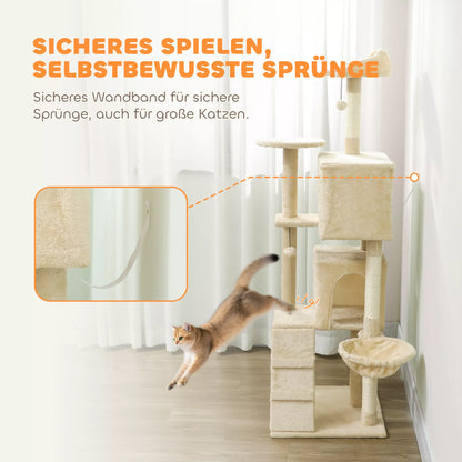 Kaķu skrāpēšanas stabs 160 cm Kaķu tornis ar šūpuļtīklu, kāpnēm, gultu, 2 plīša bumbiņām, sizala stieņiem, 48 x 48 x 160 cm, bēšs