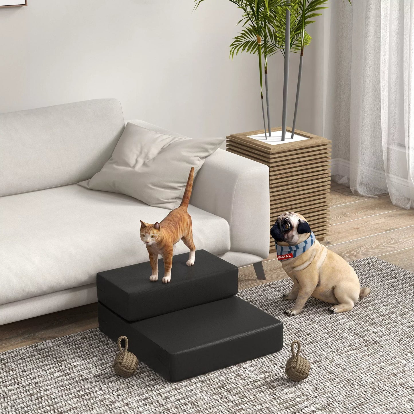 Naminių gyvūnėlių laipteliai, 2 pakopos, sulankstomi, šunų laipteliai, pagrindas katėms ir šunims, juodi, ilgis 45 x plotis 39 x aukštis 20 cm