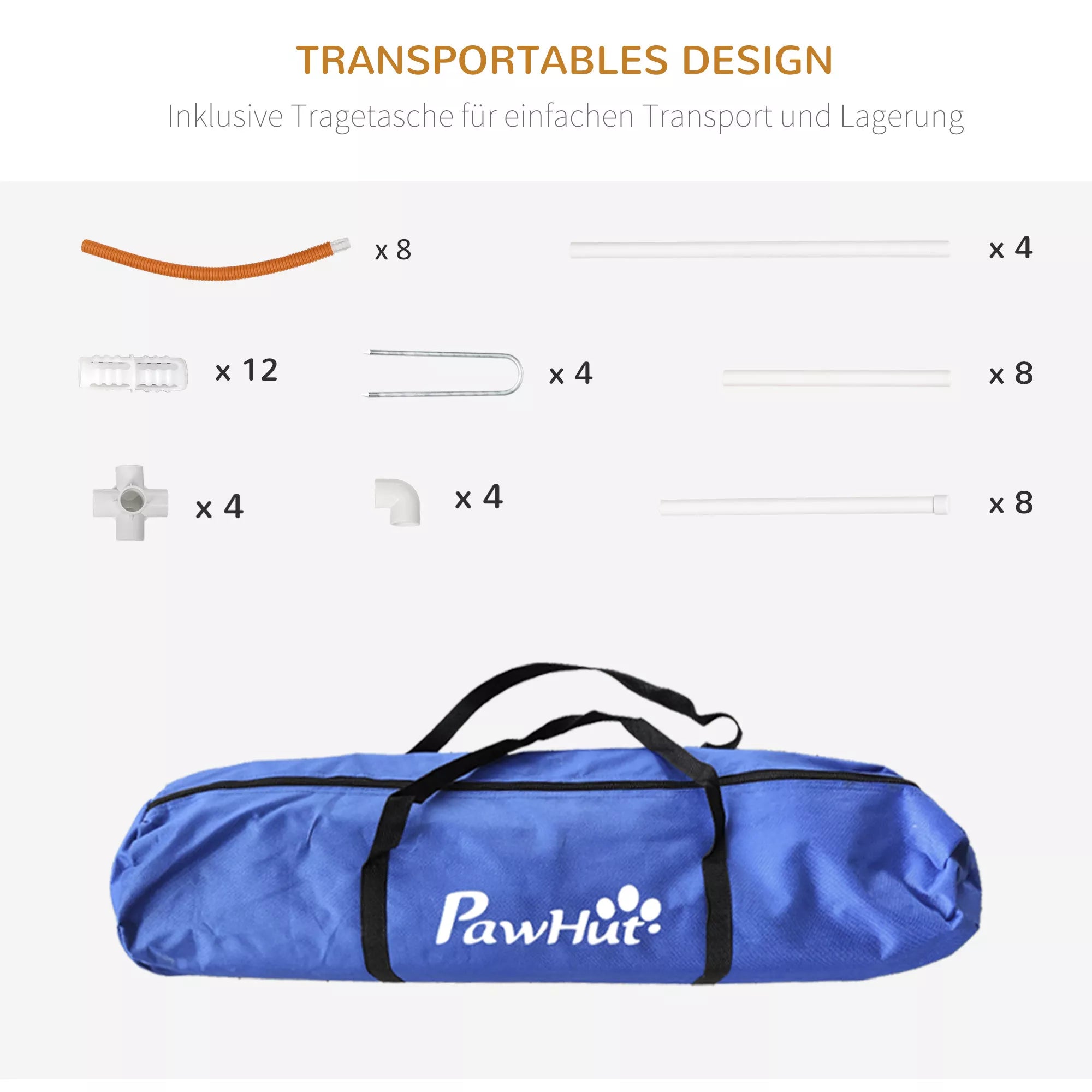Agilitātes komplekts suņiem, 4 daļas, ar pārnēsāšanas somu, plastmasa, 89x69x99 cm, balts+oranžs