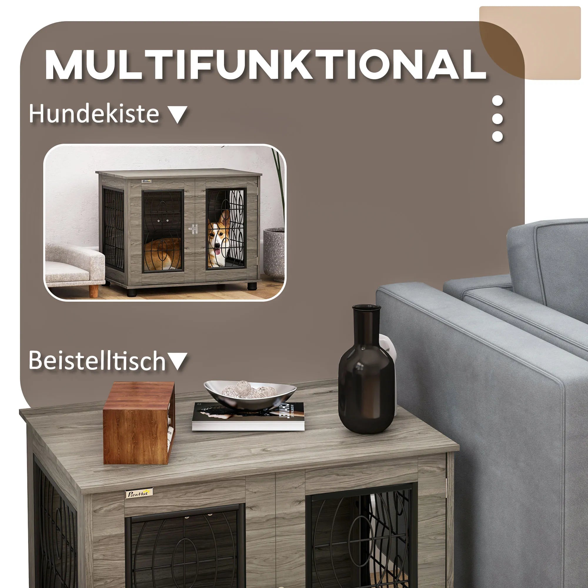 Suņu būris ar guļampaklājiņu, līdz 20 kg/50 cm ķermeņa garumam, metāla, 80x56x63 cm, pelēks/koka raksts