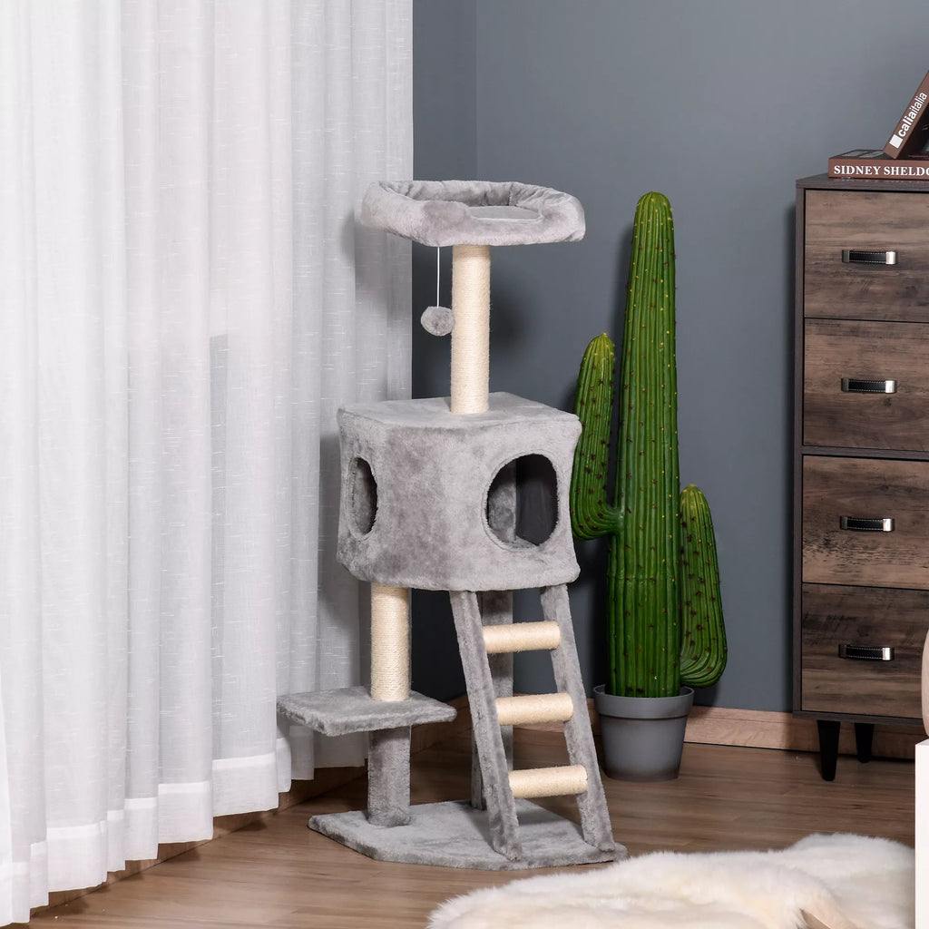 Kaķu koks 120 cm, kaķu tornis ar alu, rotaļu bumbu, sizala stabiem, platformu, pakāpieniem, daudzlīmeņu kaķu skrāpējamo stabu, kāpšanas koks kaķiem, gaiši pelēks