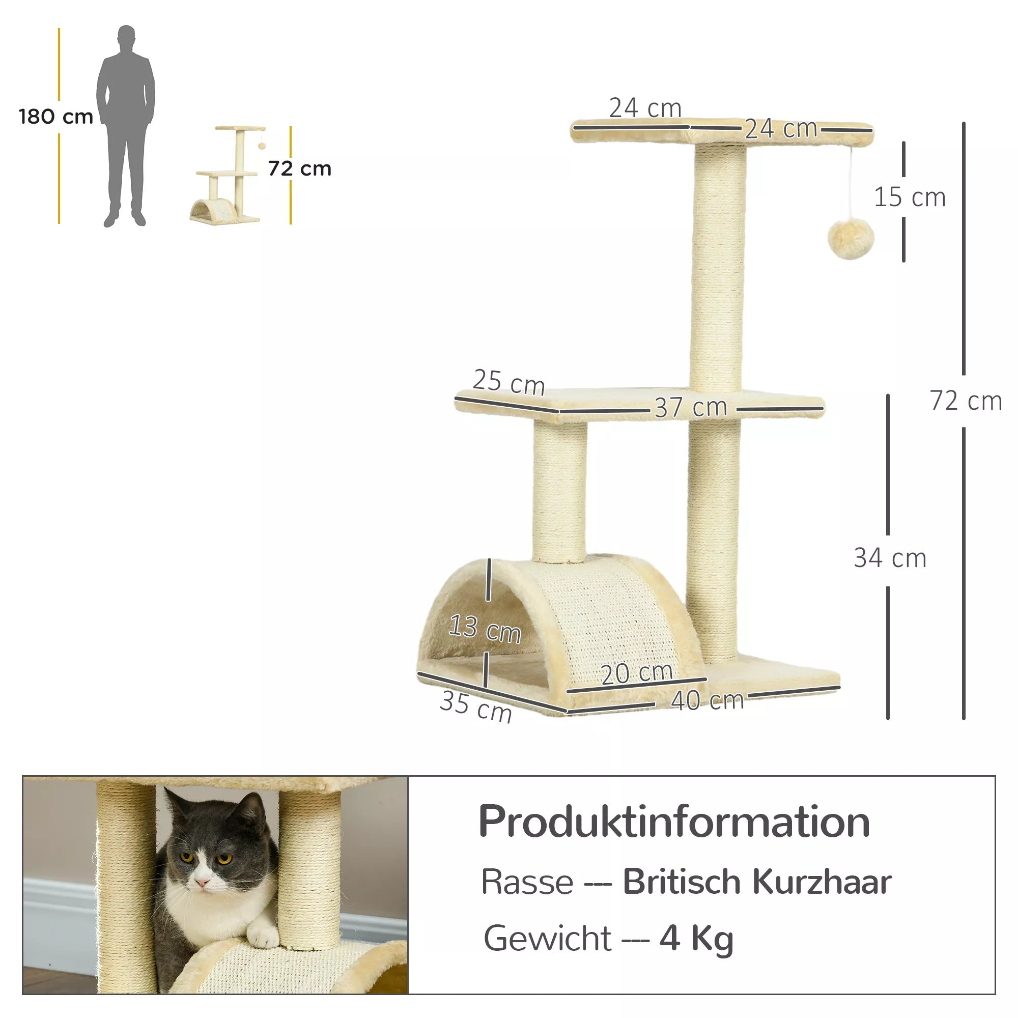 Kaķu māja 72 cm, kaķu tornis ar plīša bumbiņām, sizala stabi, platforma, skrāpējamais stabs, krēmbalts
