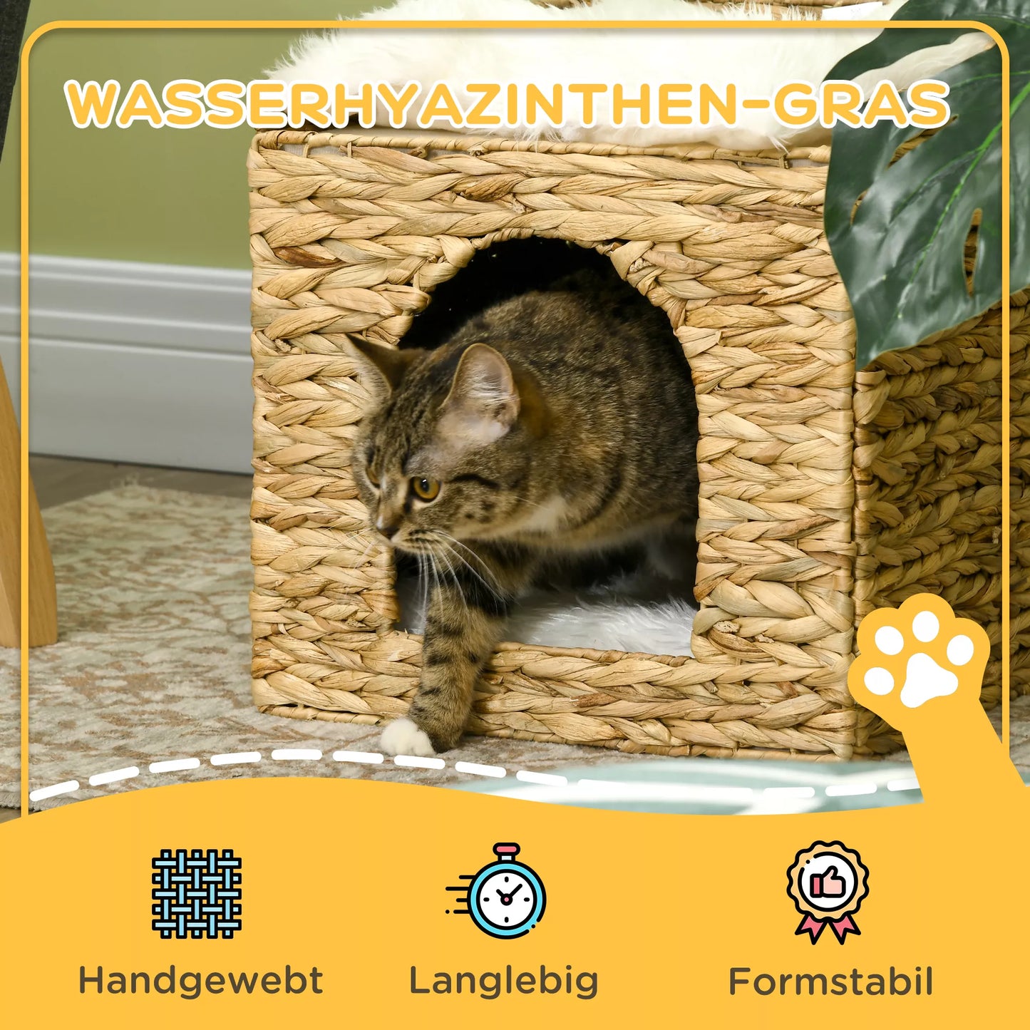 Kaķu gulta no ūdens hiacintes zāles, 2 guļvietas, 2 mazgājami spilveni, dabīga + balta krāsa