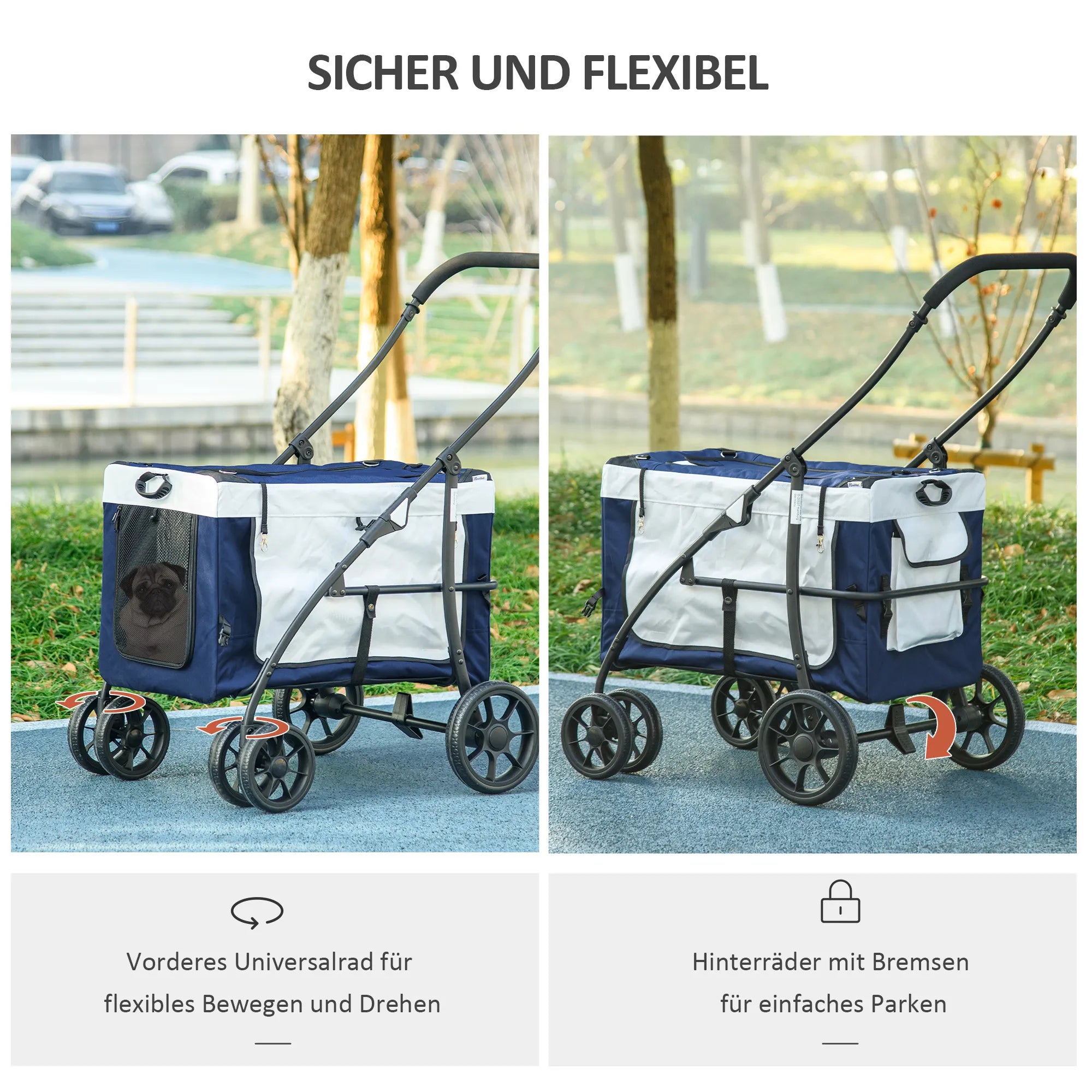 Vežimėlis šuniui, vežimėlis augintiniui, augintinio transportavimo priemonė iki 10 kg, sulankstomas, reguliuojamos rankenos, nuimamas krepšys, 81 x 58 x 97,5 cm, juoda + mėlyna + balta